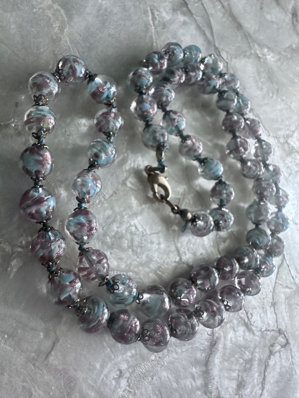 Vintage Murano Venetian Long Aqua & Gold foil glass Wedding Cake necklace